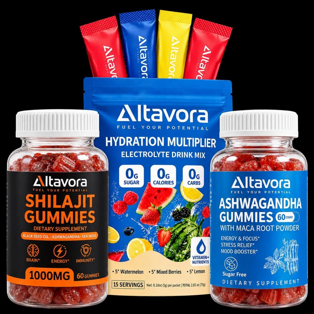Altavora Warrior Bundle: Shilajit Gummies, Electrolyte Drink Mix and Ashwagandha Gummies