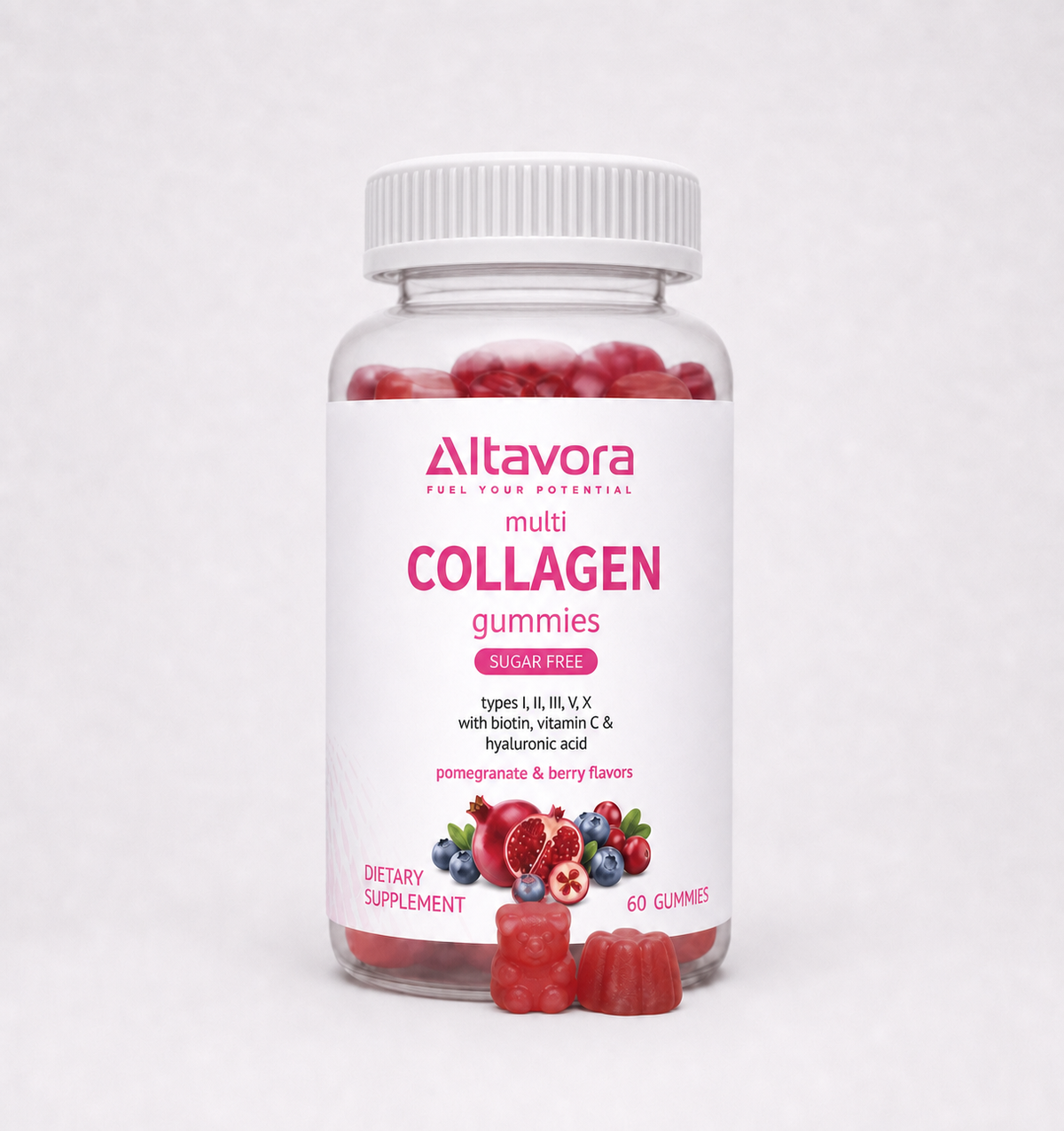 Altavora Multi Collagen Gummies bottle, pomegranate and berry