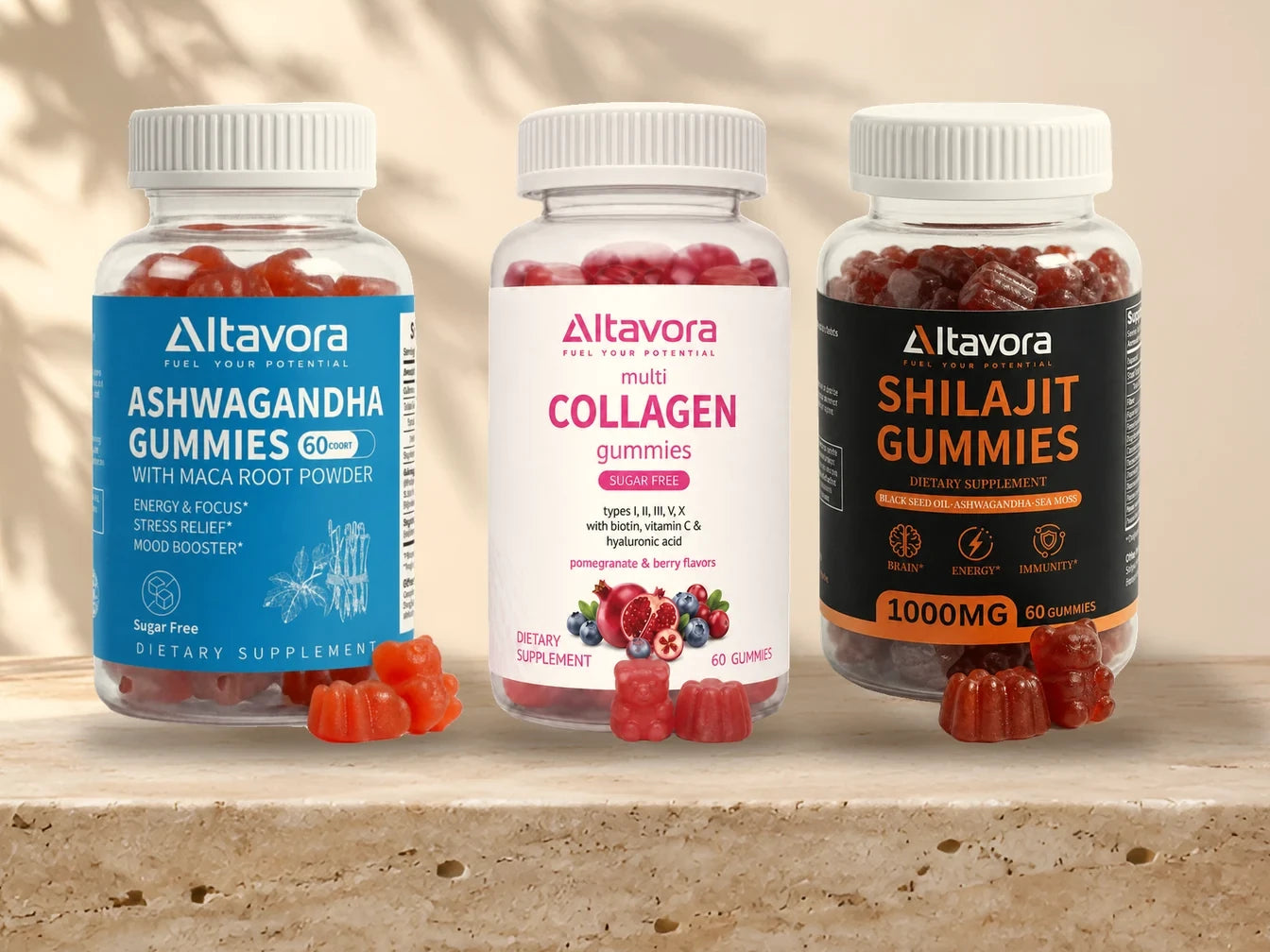 Altavora Ashwagandha, Multi Collagen and Shilajit gummies on a stone ledge