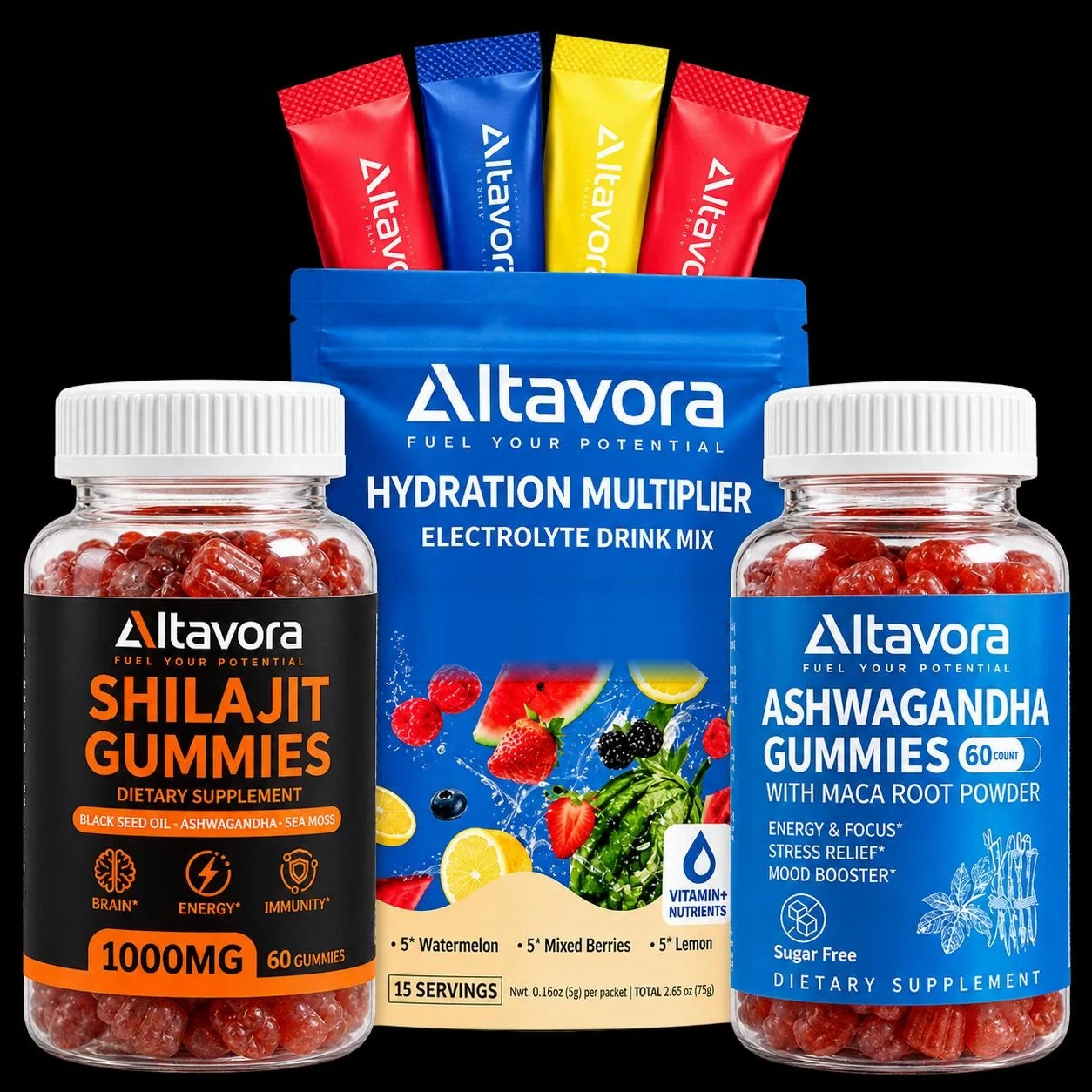 Altavora Warrior Bundle: Shilajit Gummies, Ashwagandha Gummies and the free Electrolyte Drink Mix